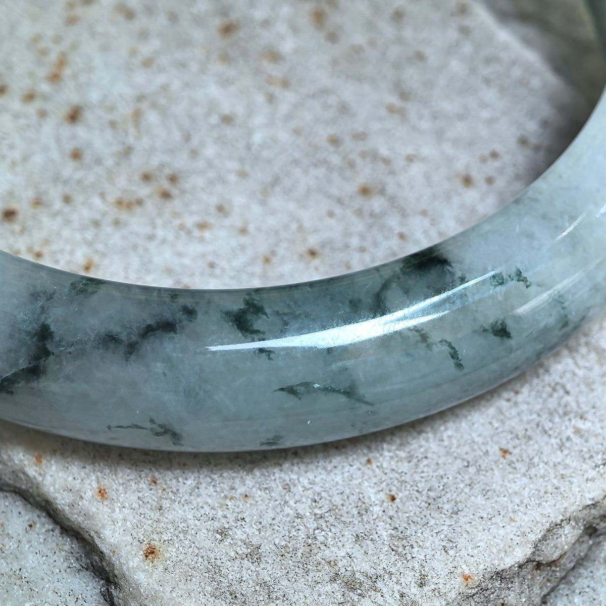 Icy Glutinous Dark Green Floating Flower D-Shape Jadeite Bangle -60mm