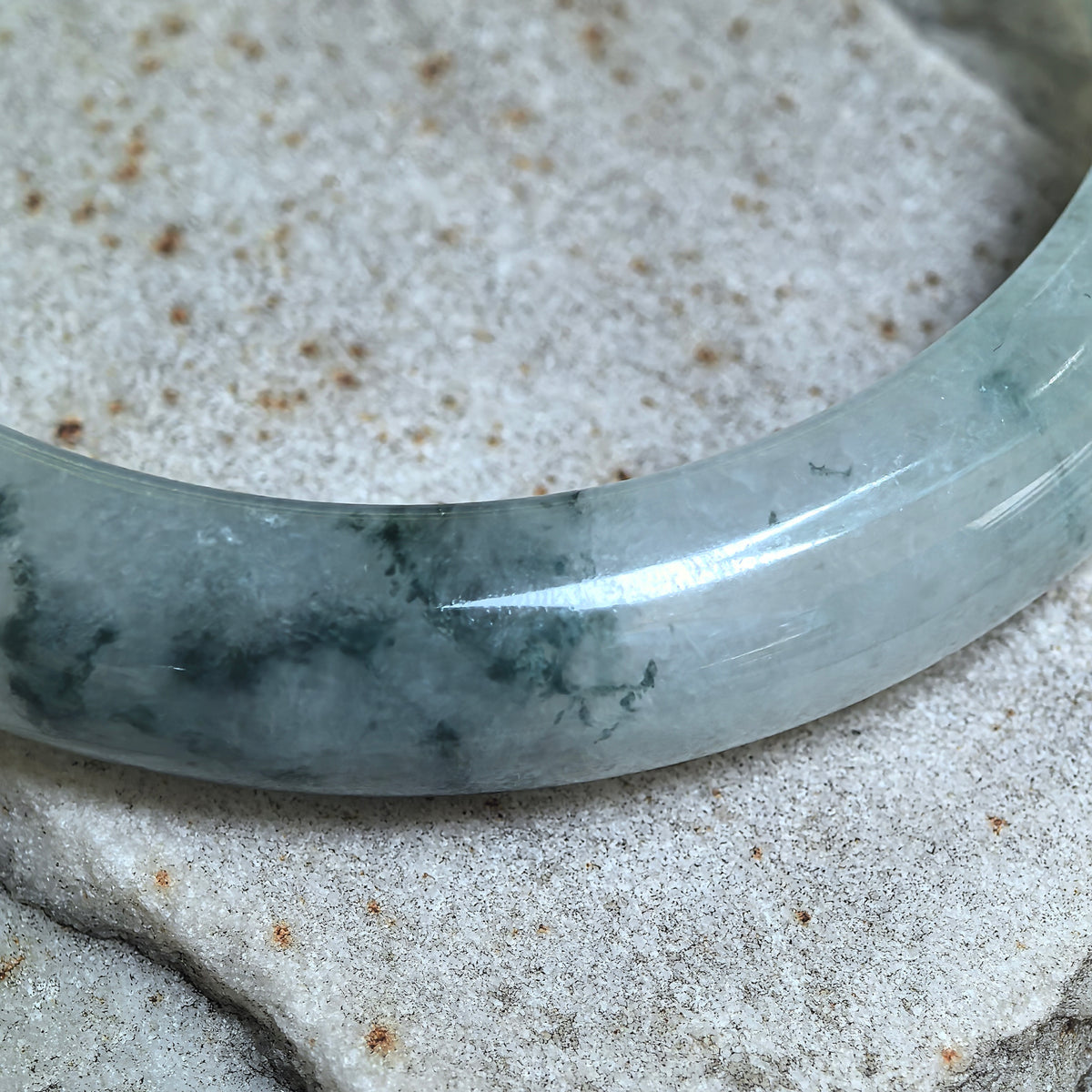 Icy Glutinous Dark Green Floating Flower D-Shape Jadeite Bangle -60mm