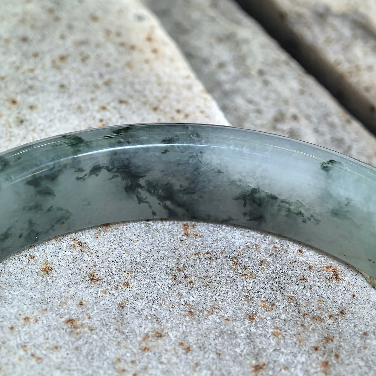 Icy Glutinous Dark Green Floating Flower D-Shape Jadeite Bangle -60mm