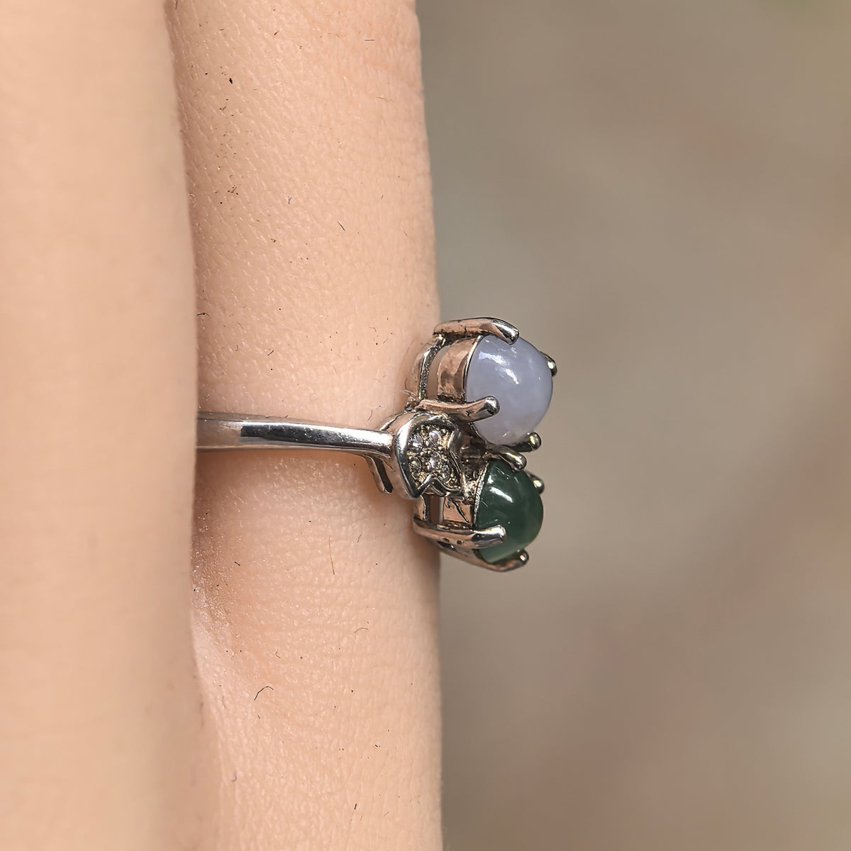 Icy Glutinous Purple and Green Twin-Stone Jadeite Ring -US7.5 Adjustable