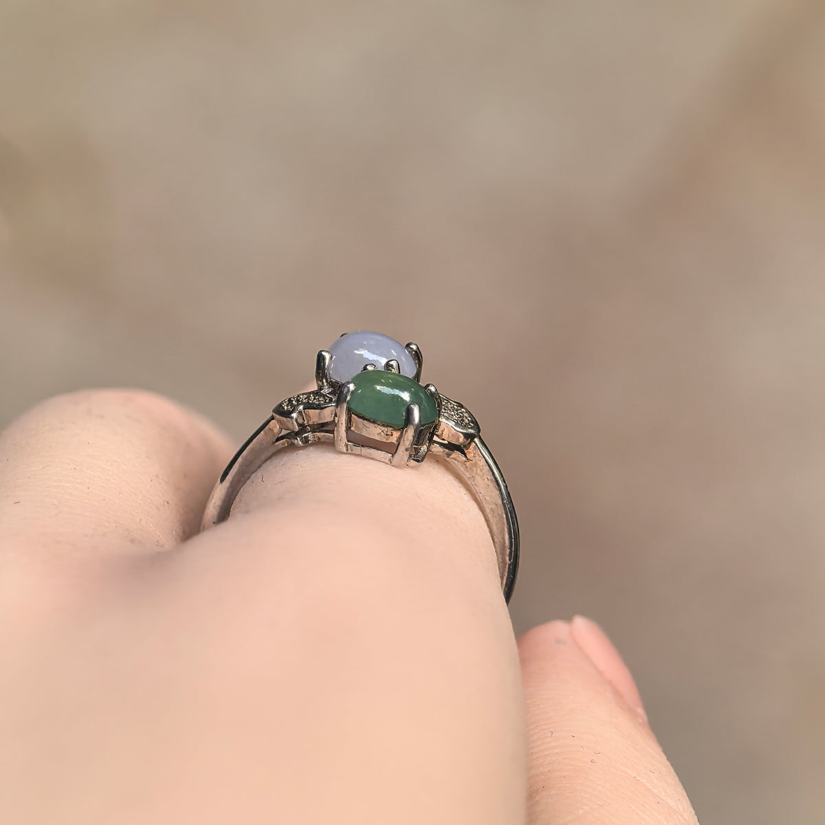 Icy Glutinous Purple and Green Twin-Stone Jadeite Ring -US7.5 Adjustable