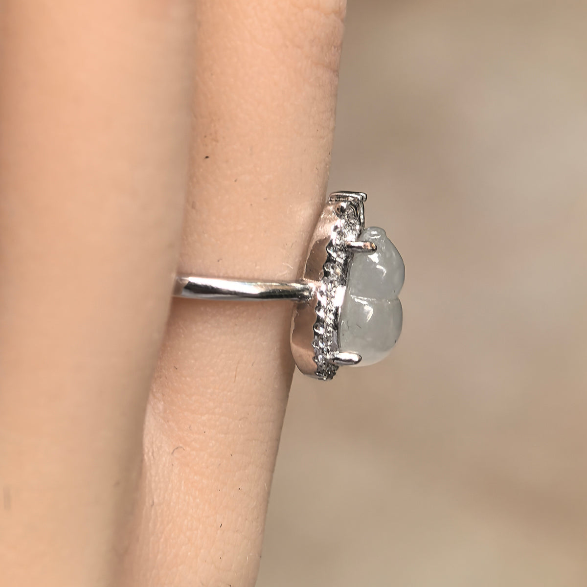 Icy Glutinous White Gourd Jadeite Halo Ring -US7.5 Adjustable