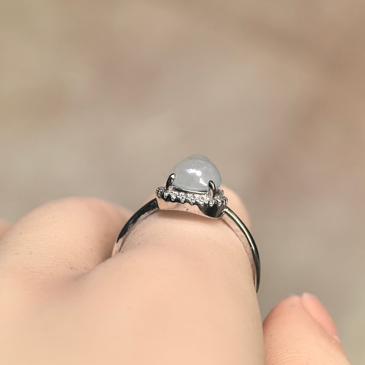 Icy Glutinous White Gourd Jadeite Halo Ring -US7.5 Adjustable