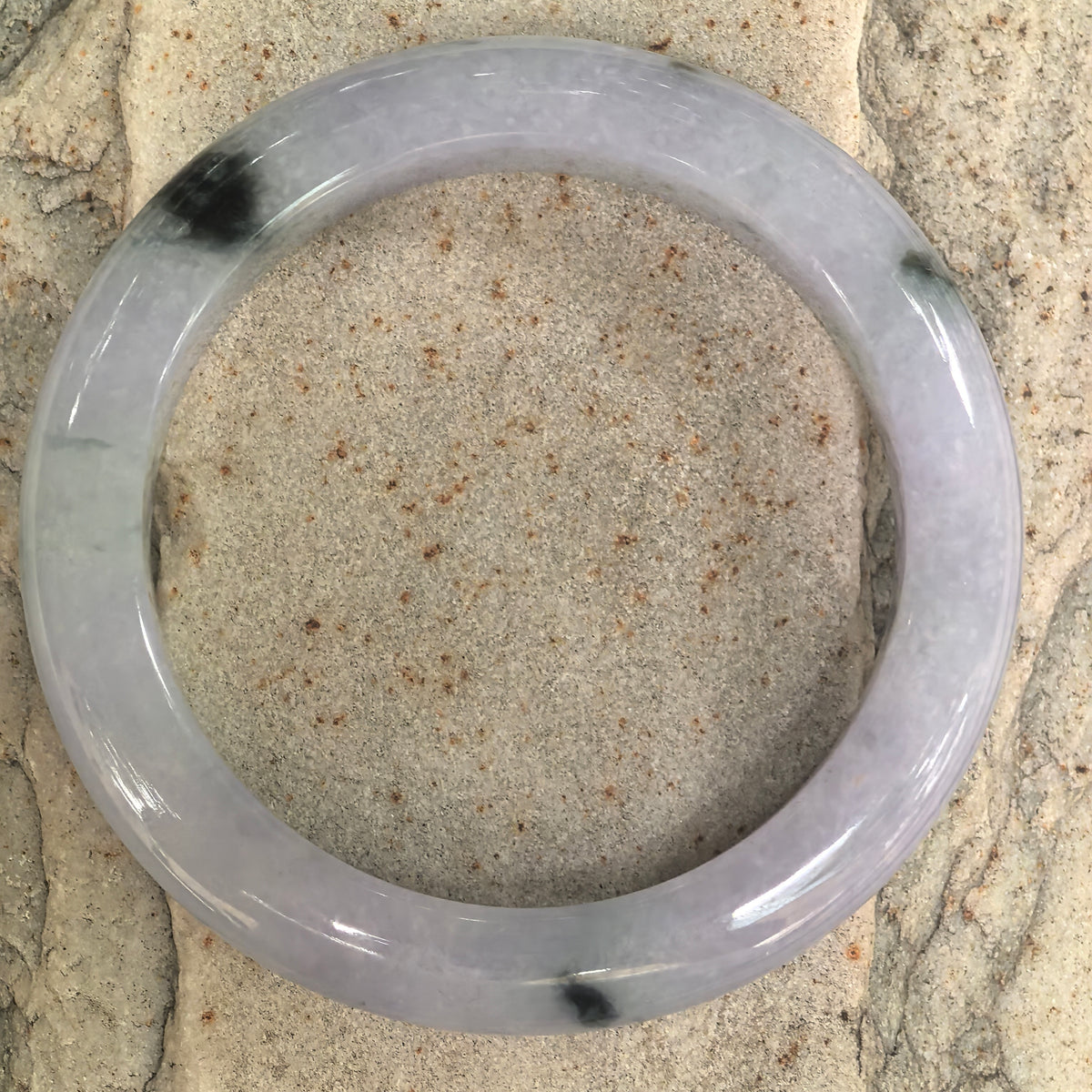 Glutinous Pale Lavender D-Shape Jadeite Bangle with Dark Patterns -57mm