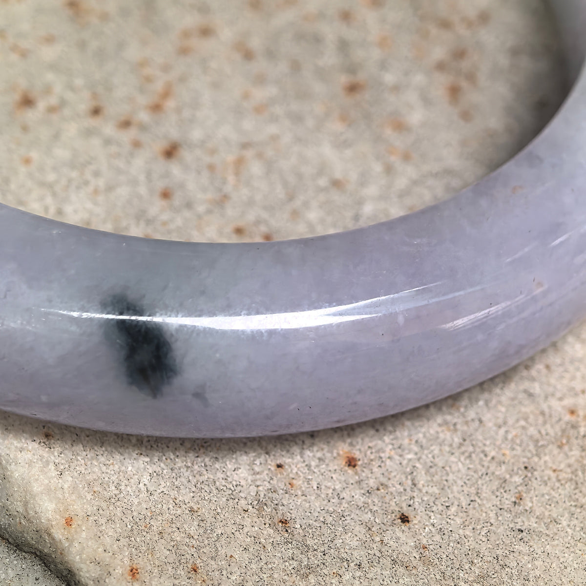 Glutinous Pale Lavender D-Shape Jadeite Bangle with Dark Patterns -57mm