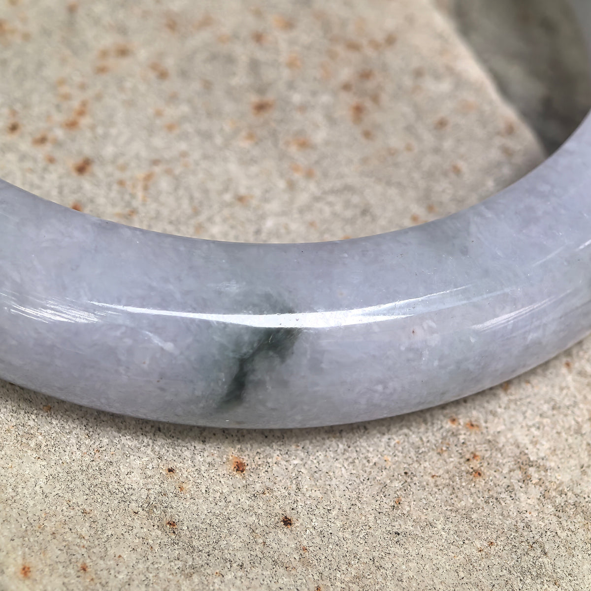 Glutinous Pale Lavender D-Shape Jadeite Bangle with Dark Patterns -57mm