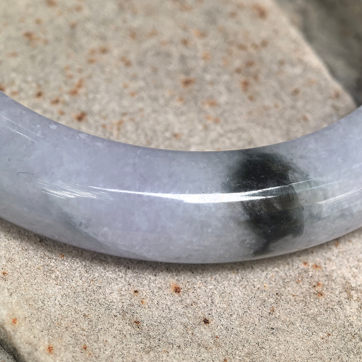 Glutinous Pale Lavender D-Shape Jadeite Bangle with Dark Patterns -57mm