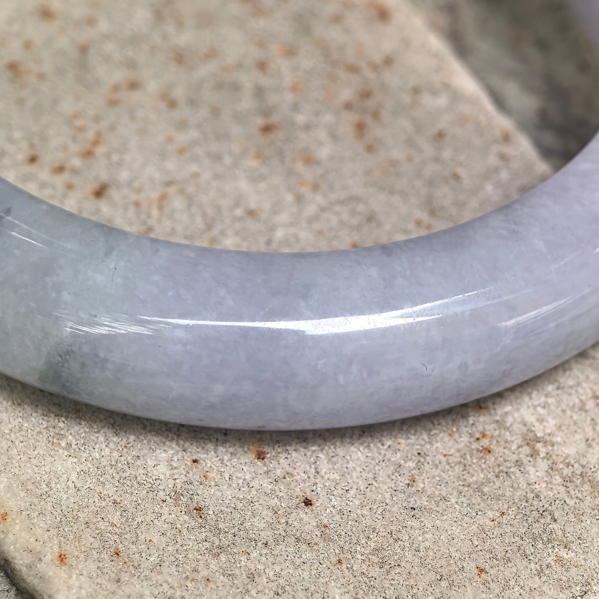 Glutinous Pale Lavender D-Shape Jadeite Bangle with Dark Patterns -57mm