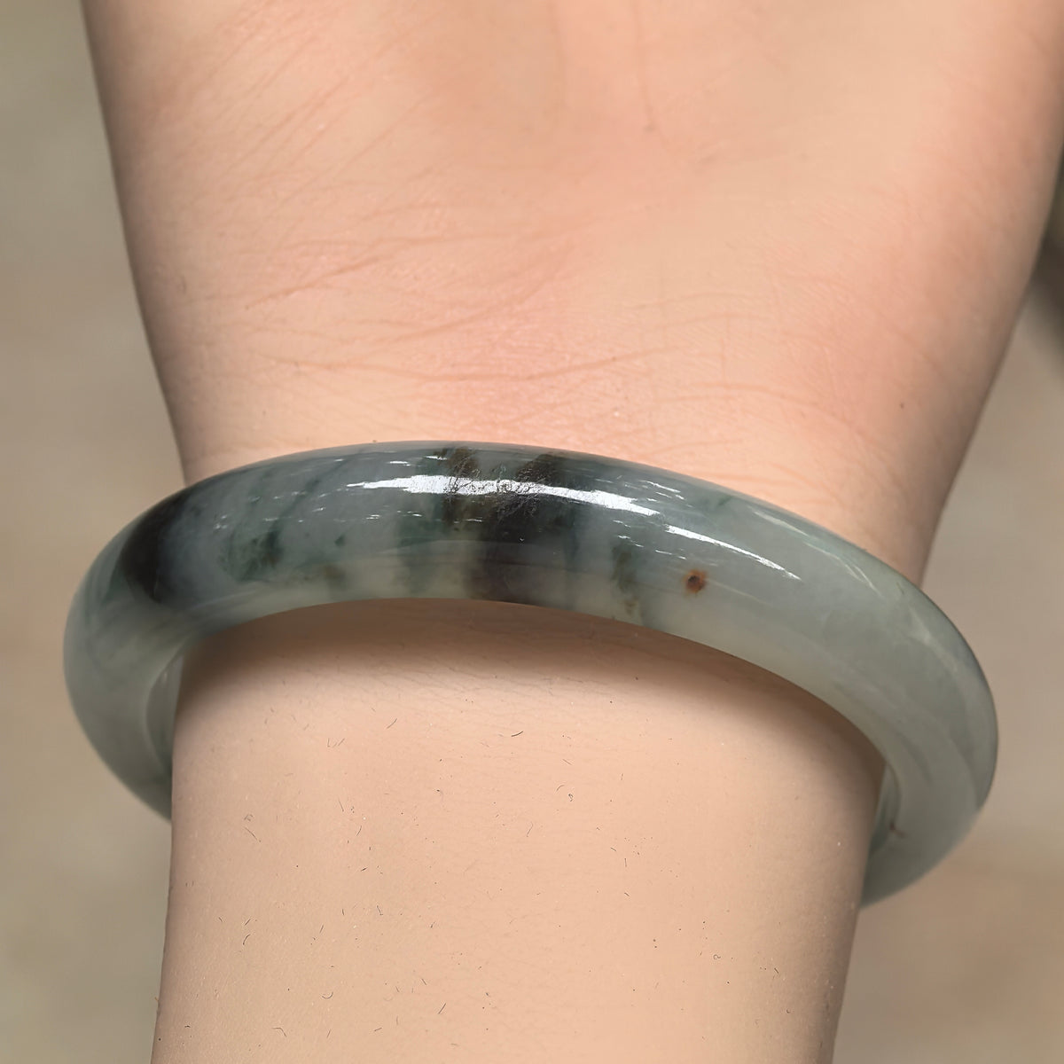 Icy Glutinous Light Green D-Shape Jadeite Bangle with Dark Floating Patterns -53mm