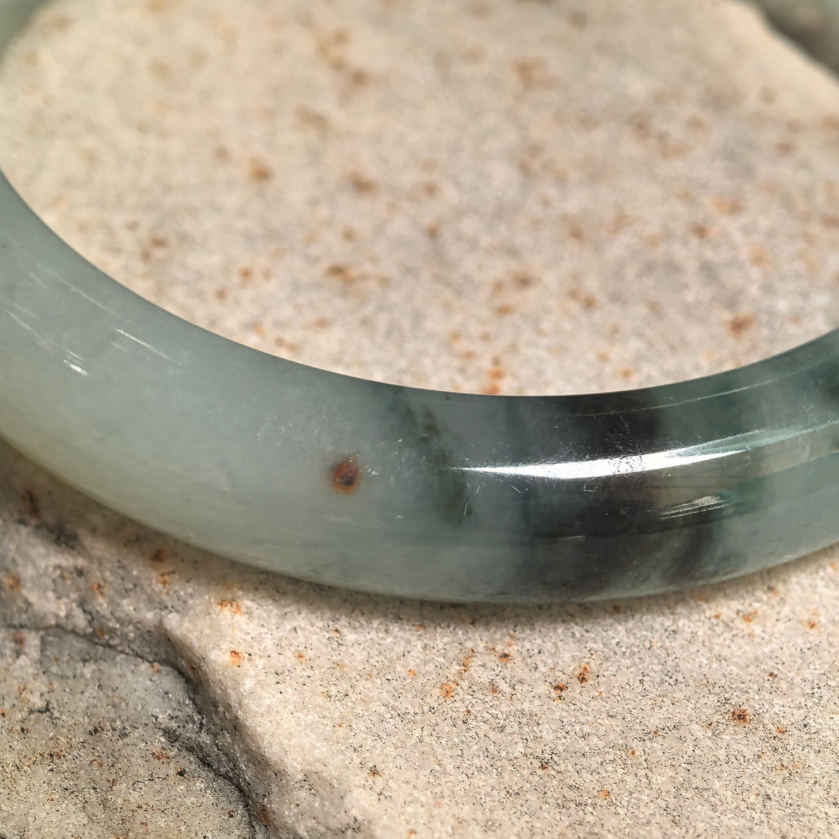Icy Glutinous Light Green D-Shape Jadeite Bangle with Dark Floating Patterns -53mm