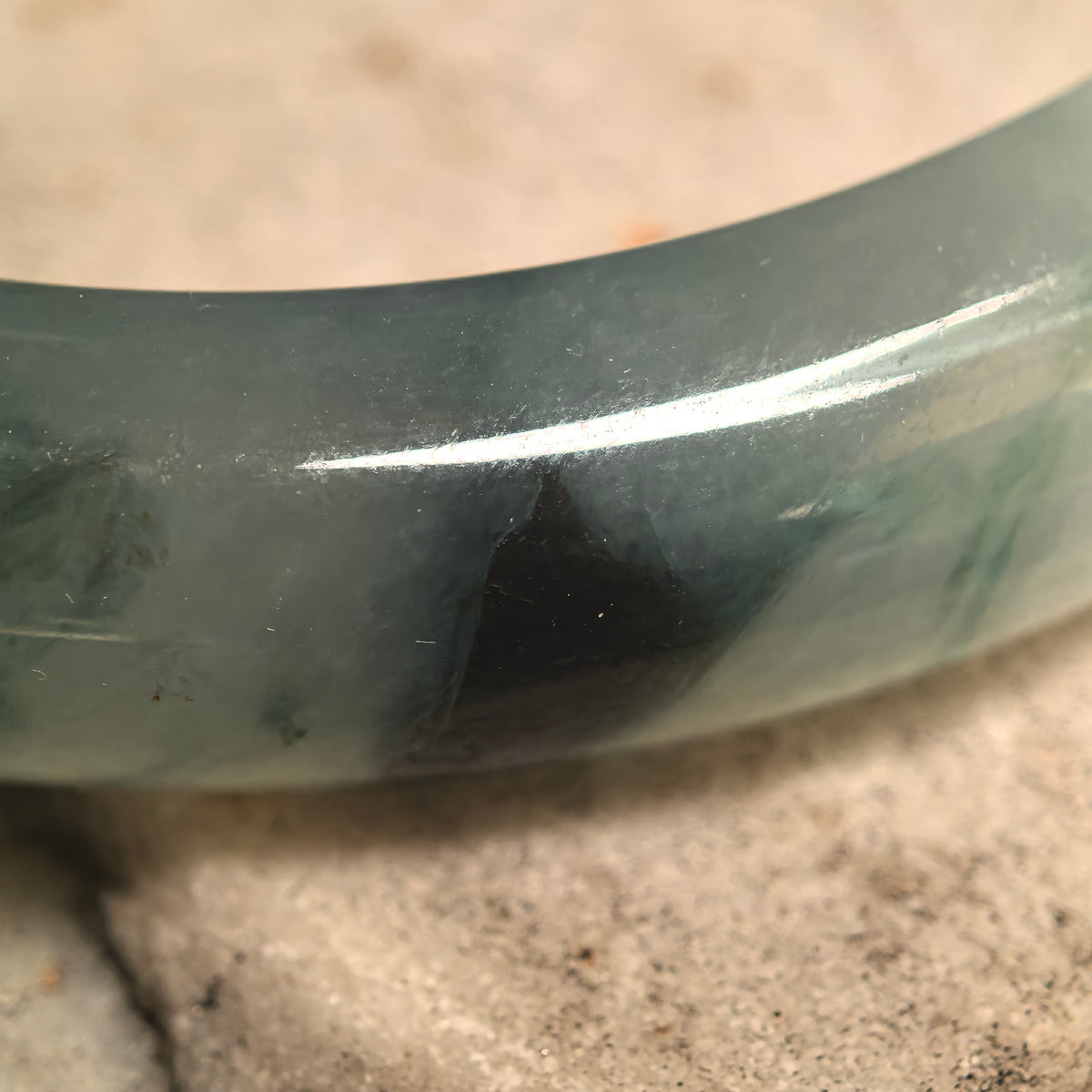 Icy Glutinous Light Green D-Shape Jadeite Bangle with Dark Floating Patterns -53mm