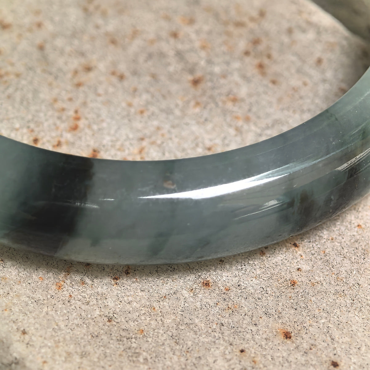 Icy Glutinous Light Green D-Shape Jadeite Bangle with Dark Floating Patterns -53mm