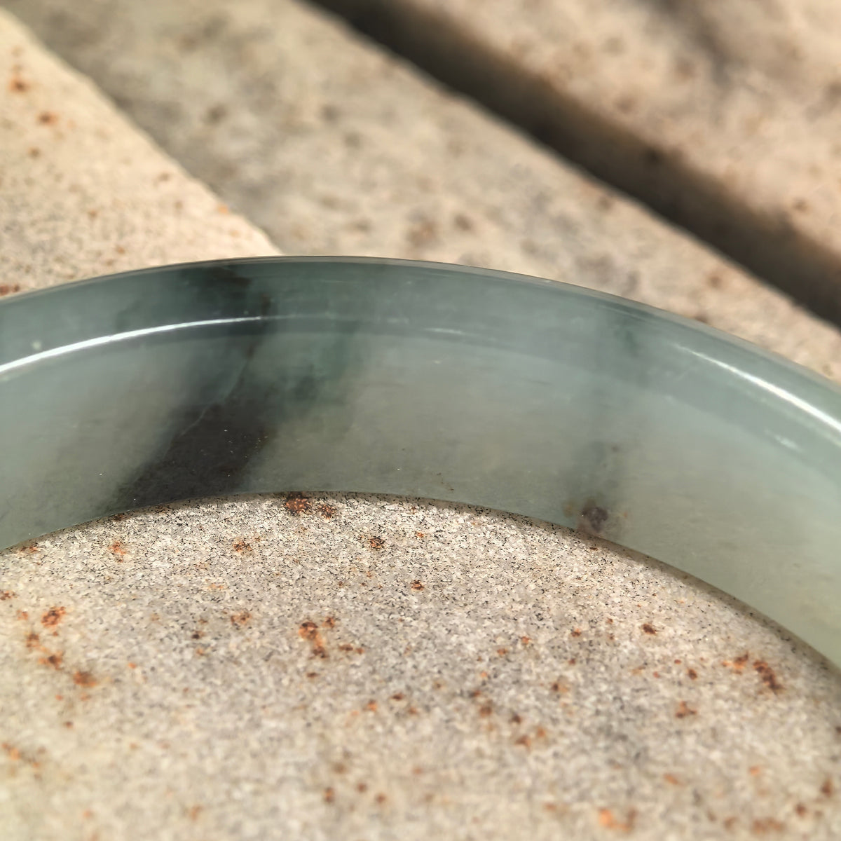 Icy Glutinous Light Green D-Shape Jadeite Bangle with Dark Floating Patterns -53mm