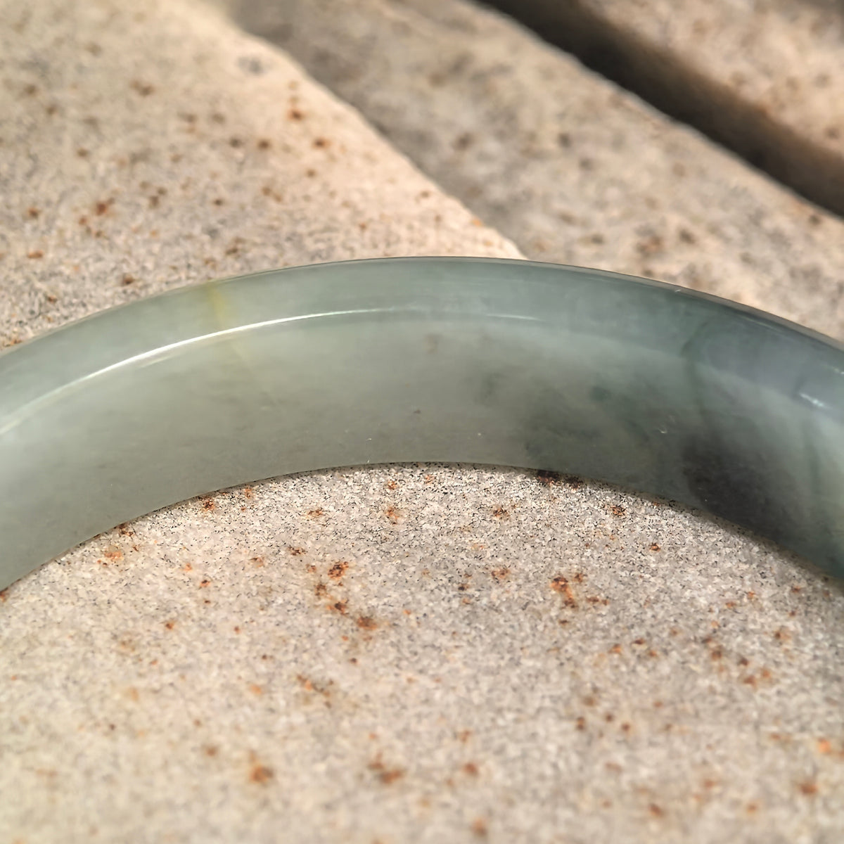 Icy Glutinous Light Green D-Shape Jadeite Bangle with Dark Floating Patterns -53mm