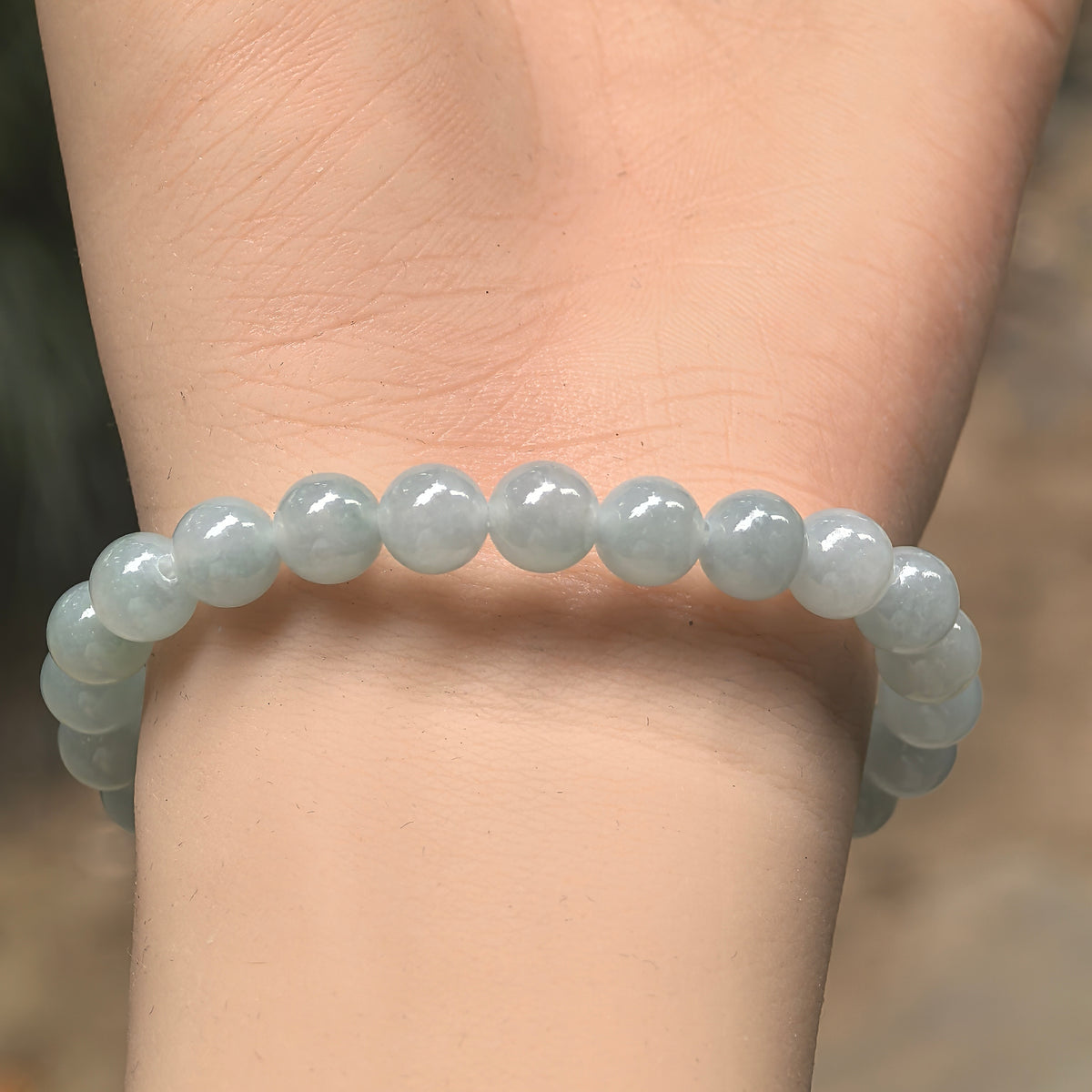 Icy Glutinous Pale Green Round Bead Jadeite Bracelet -7mm