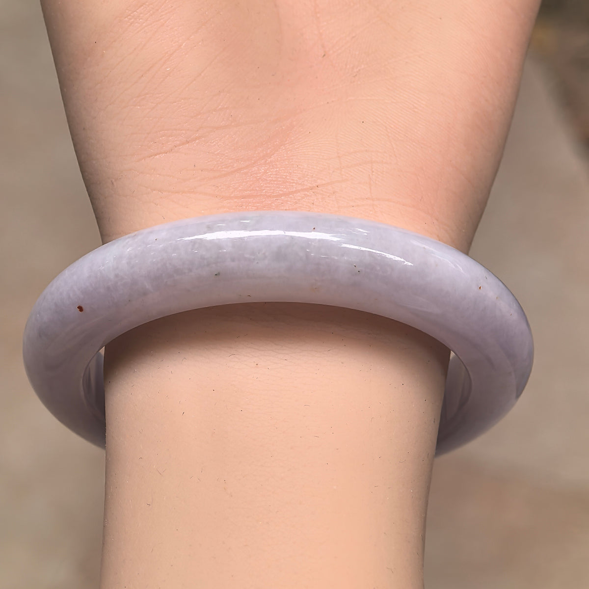 Glutinous Pale Lavender D-Shape Jadeite Bangle with Golden Flecks -55mm