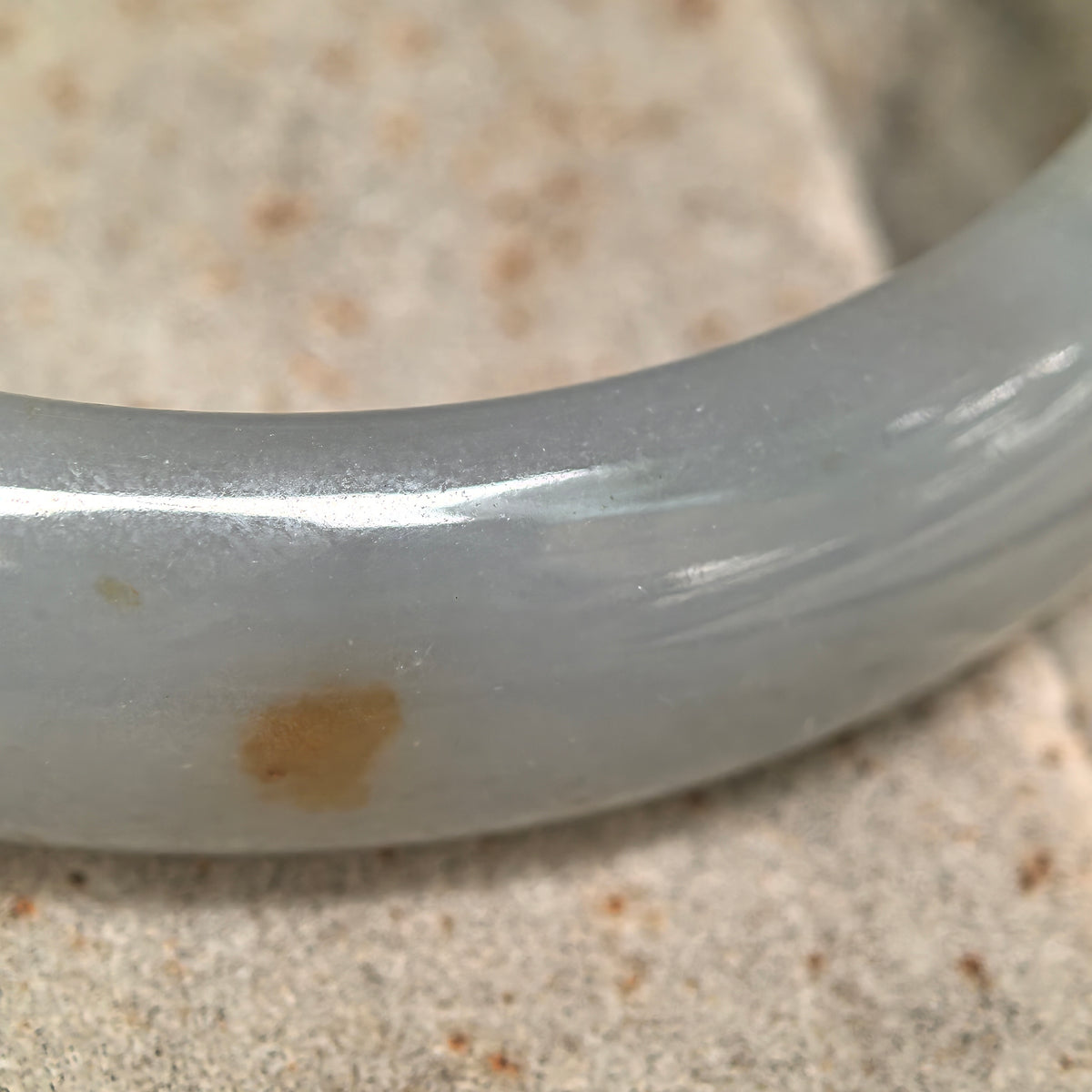 Fine Glutinous Pale White and Green D-Shape Jadeite Bangle with Golden Flecks -59mm