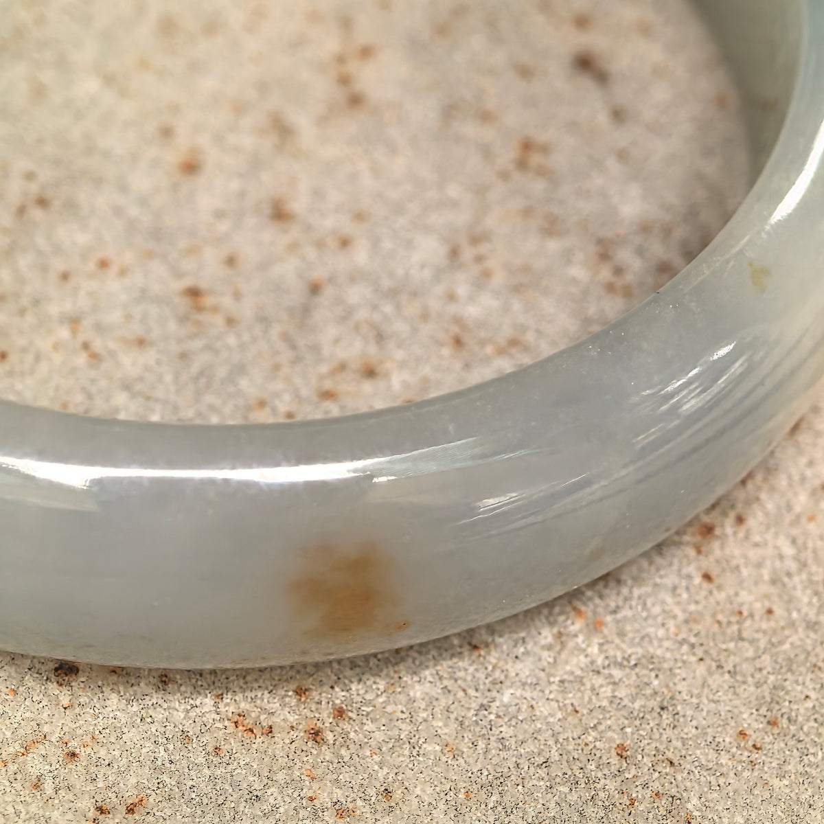 Fine Glutinous Pale White and Green D-Shape Jadeite Bangle with Golden Flecks -59mm