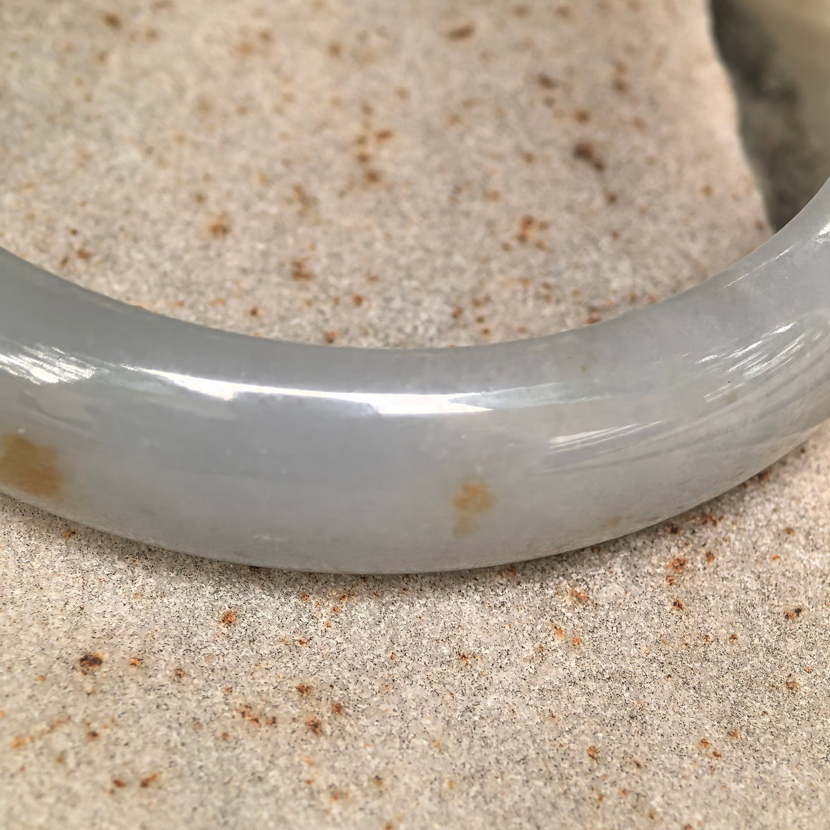Fine Glutinous Pale White and Green D-Shape Jadeite Bangle with Golden Flecks -59mm