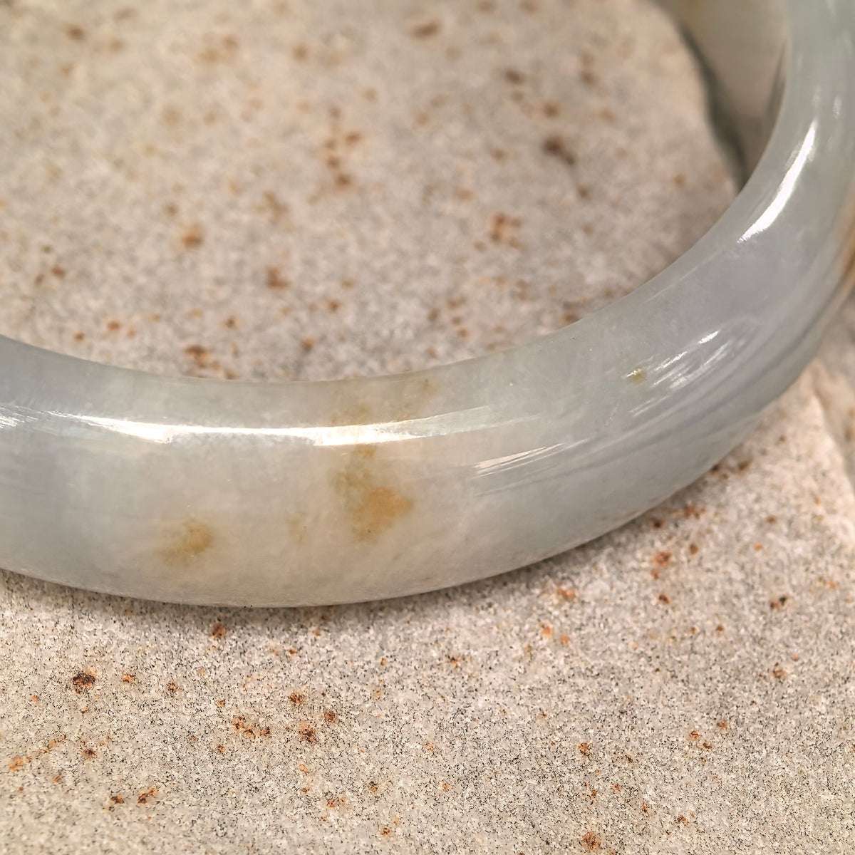 Fine Glutinous Pale White and Green D-Shape Jadeite Bangle with Golden Flecks -59mm