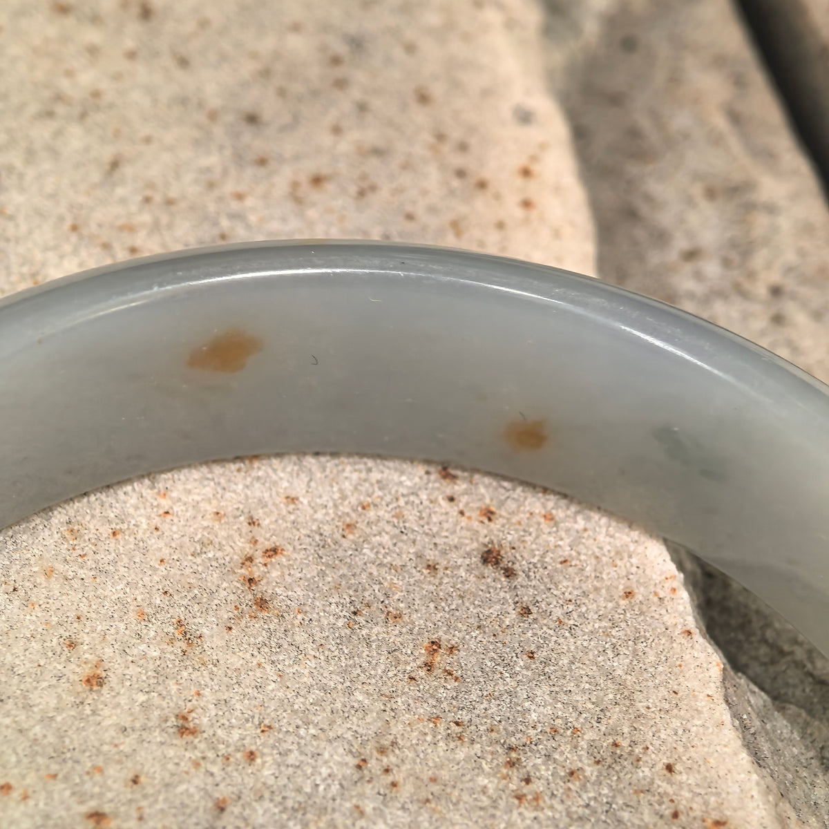 Fine Glutinous Pale White and Green D-Shape Jadeite Bangle with Golden Flecks -59mm