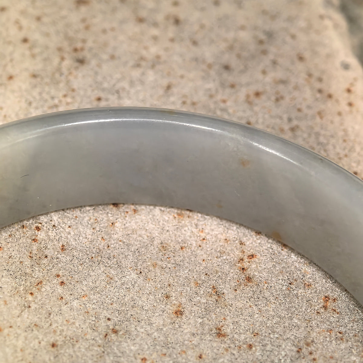 Fine Glutinous Pale White and Green D-Shape Jadeite Bangle with Golden Flecks -59mm