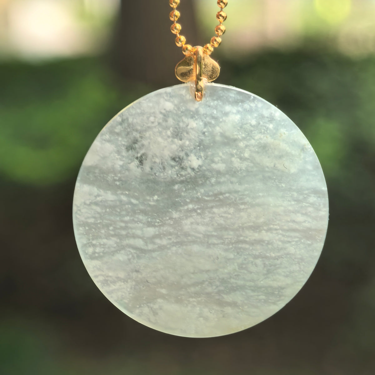 Icy White Jadeite Round Plain Plaque Pendant with Flowing Snowflake Inclusions