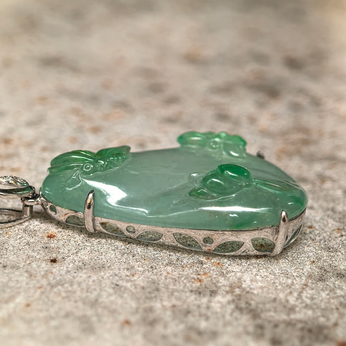 Icy Light Green Jadeite Butterfly and Lotus Pendant