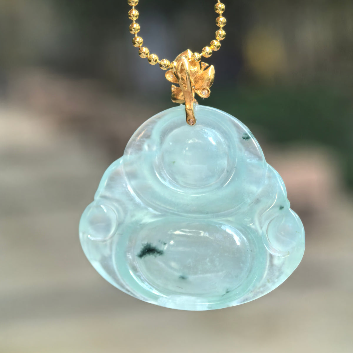 Icy Light Green Jadeite Laughing Buddha Pendant