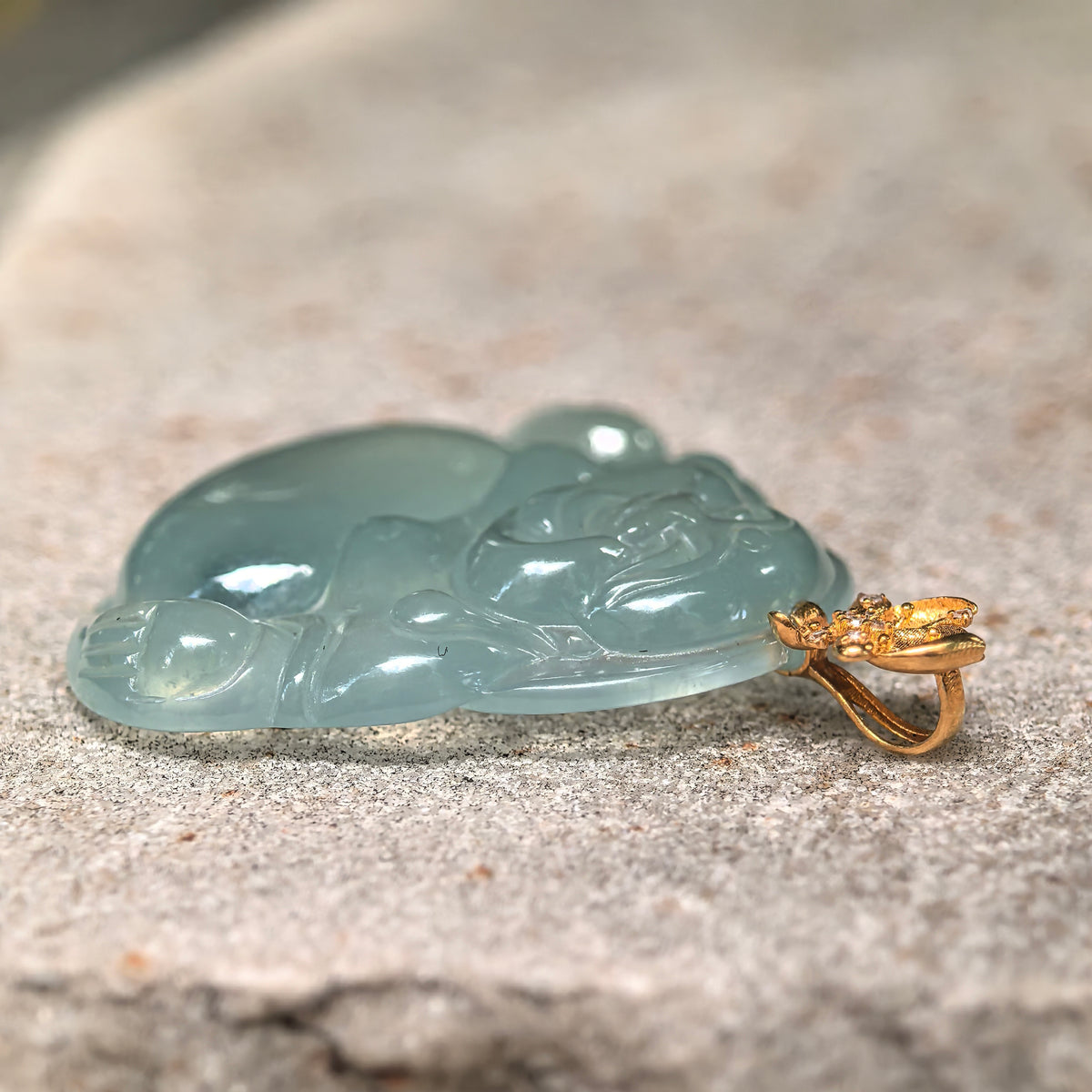 Icy Light Green Jadeite Laughing Buddha Pendant