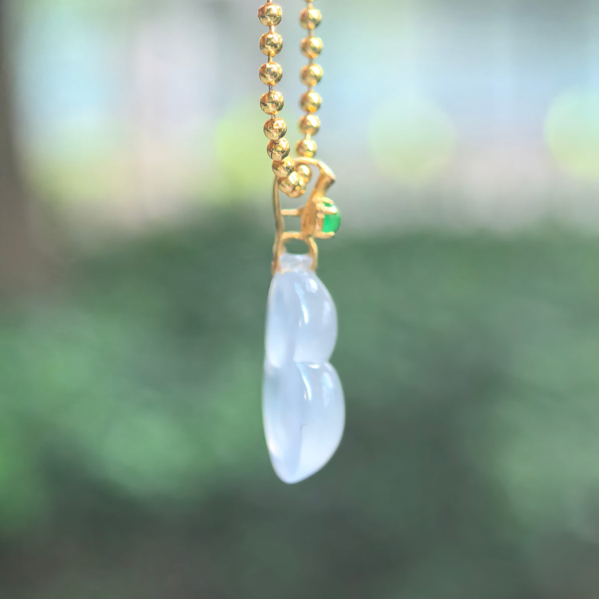 Icy Translucent White Jadeite Gourd Pendant in 18K Gold