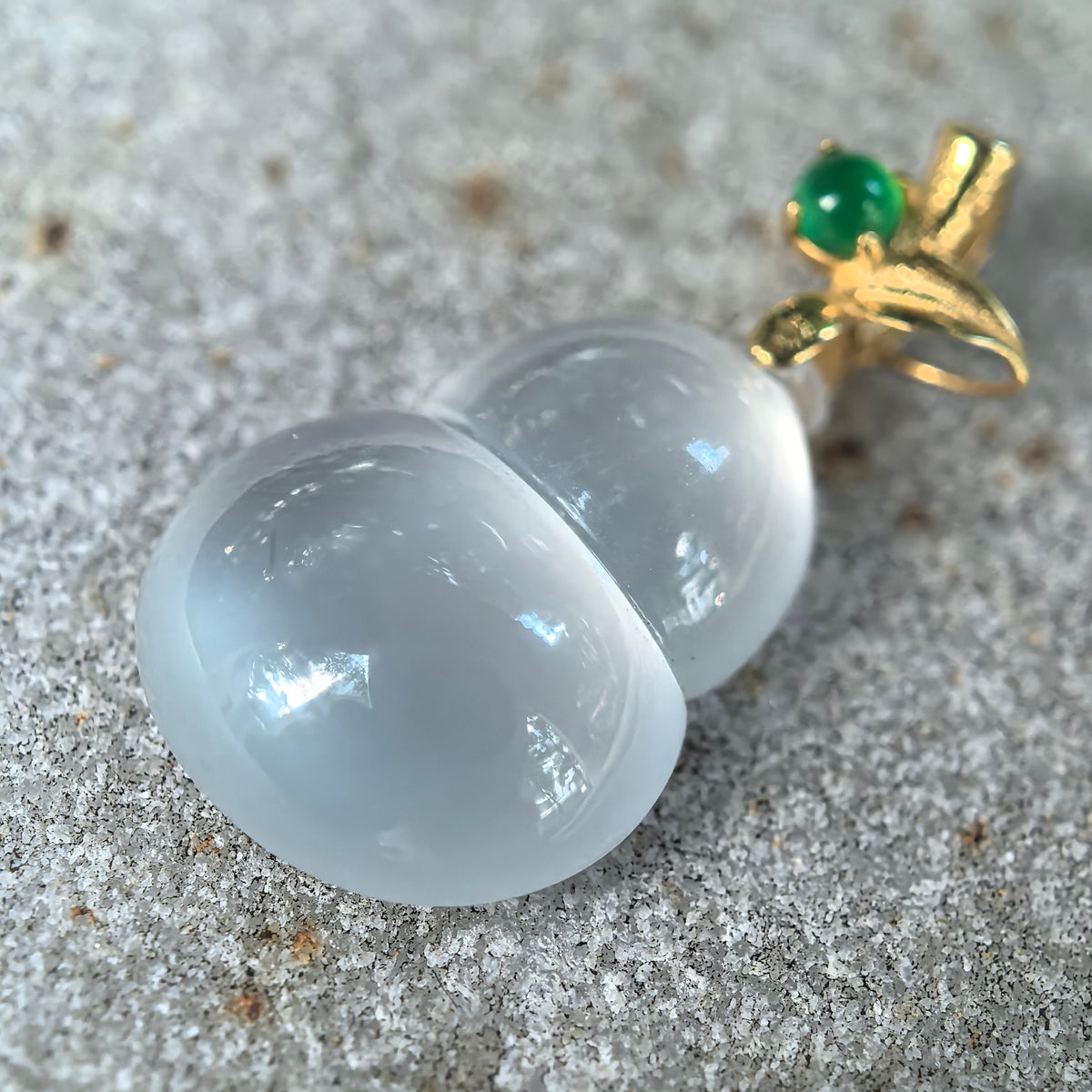 Icy Translucent White Jadeite Gourd Pendant in 18K Gold