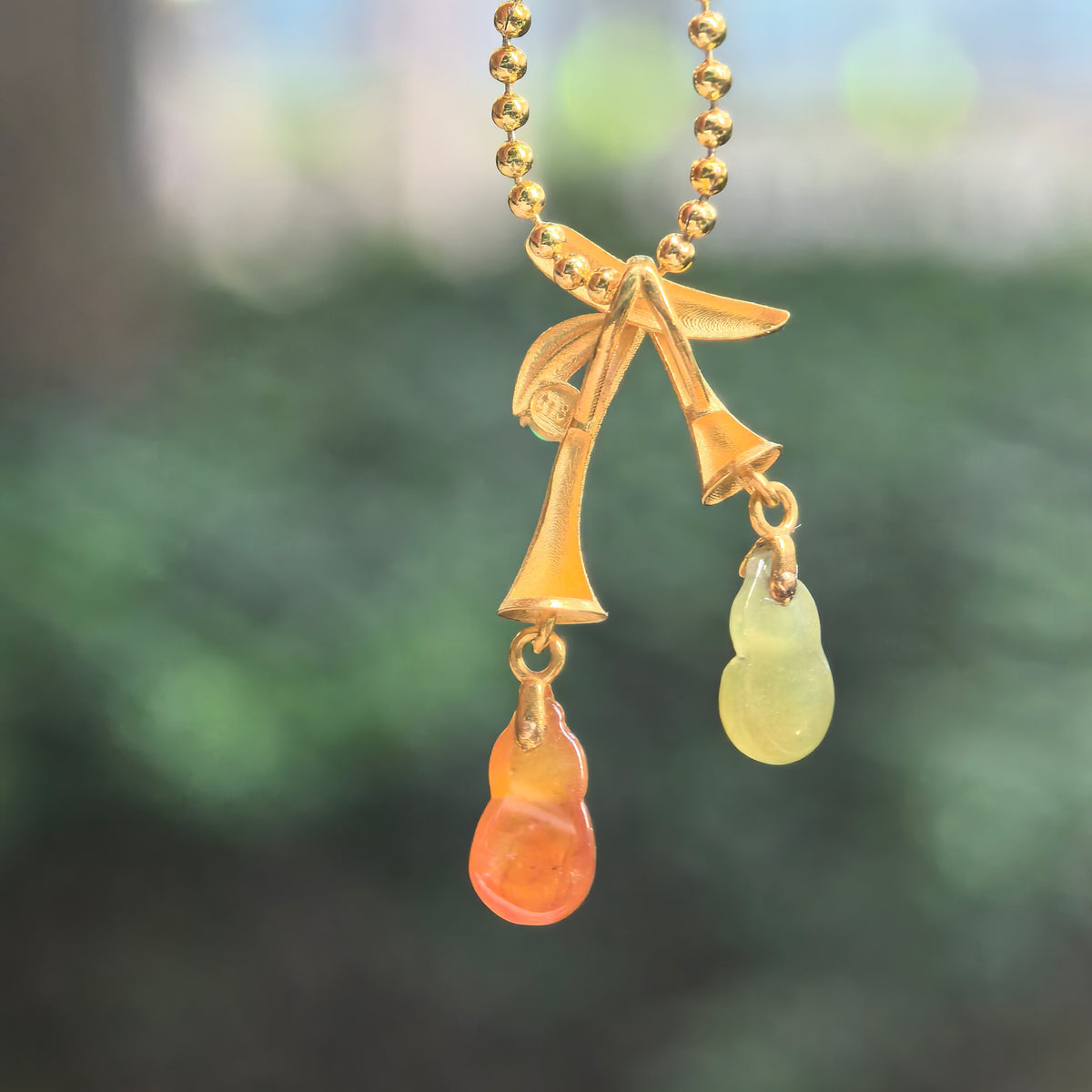 Icy Red and Yellow Jadeite Petite Double Gourd Pendant in 18K Gold