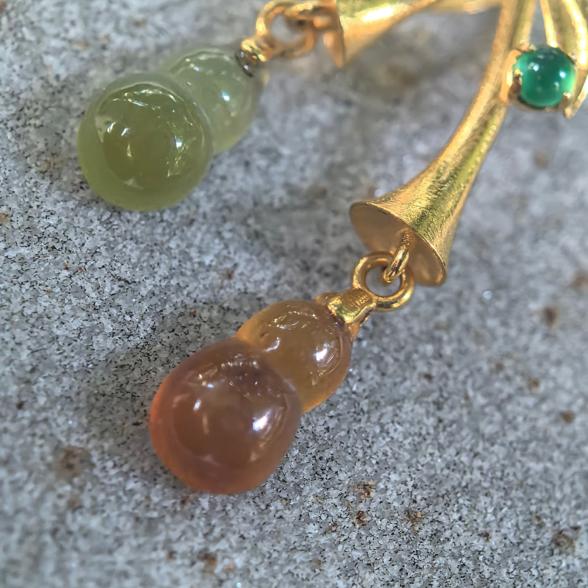 Icy Red and Yellow Jadeite Petite Double Gourd Pendant in 18K Gold