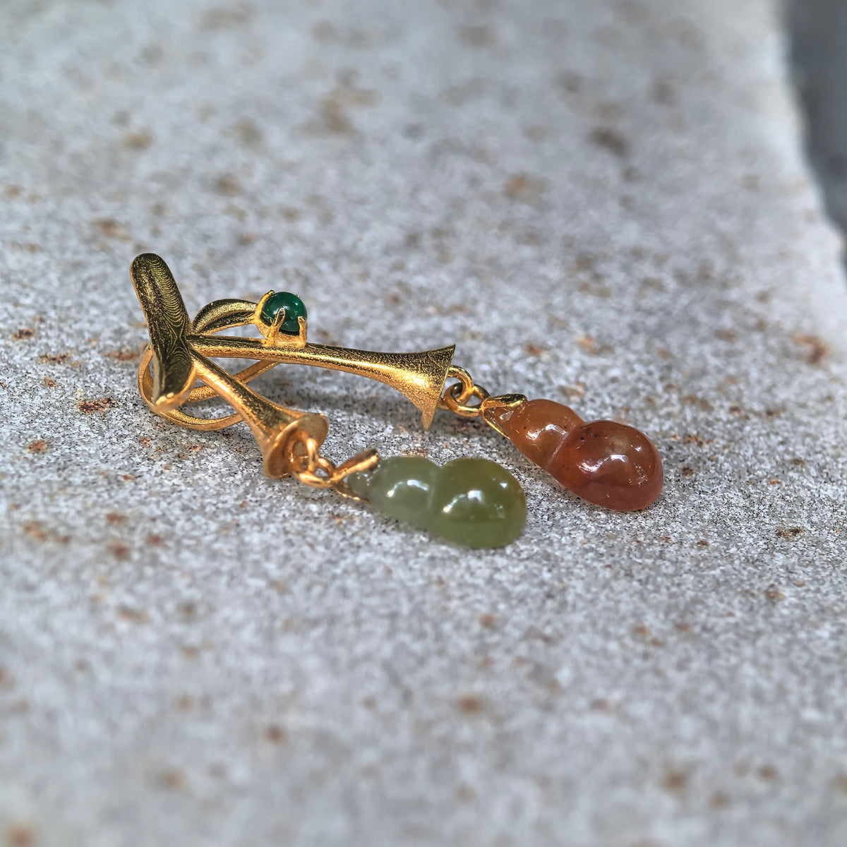 Icy Red and Yellow Jadeite Petite Double Gourd Pendant in 18K Gold