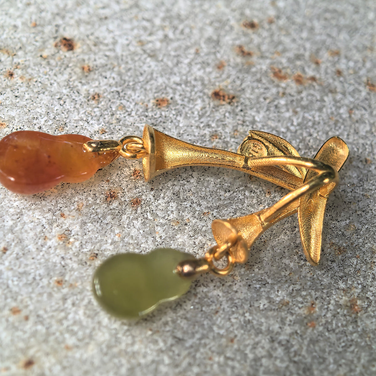 Icy Red and Yellow Jadeite Petite Double Gourd Pendant in 18K Gold