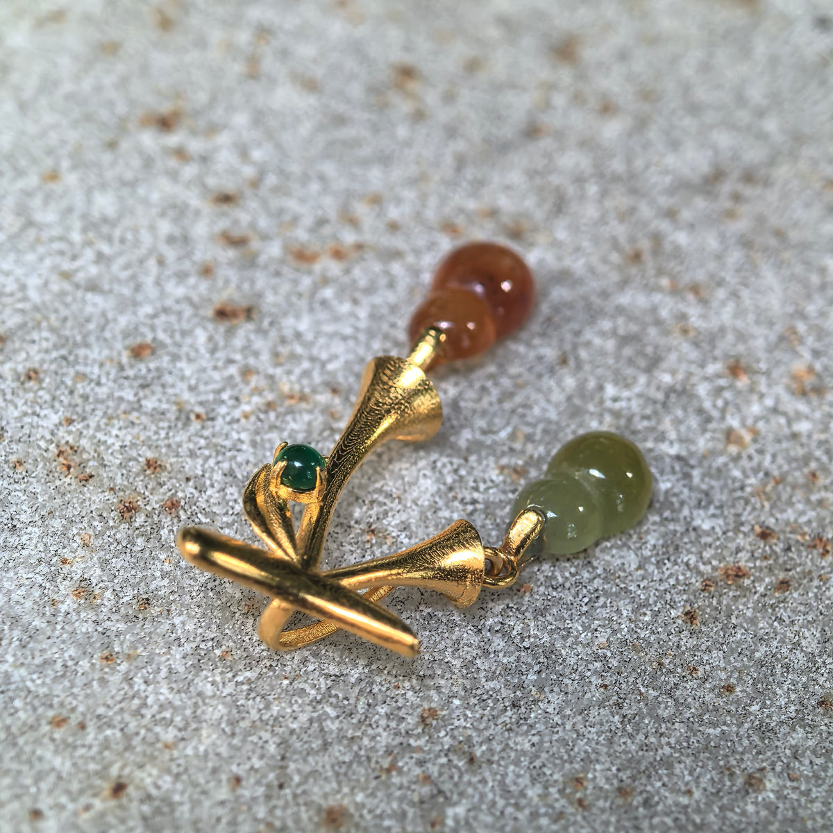 Icy Red and Yellow Jadeite Petite Double Gourd Pendant in 18K Gold