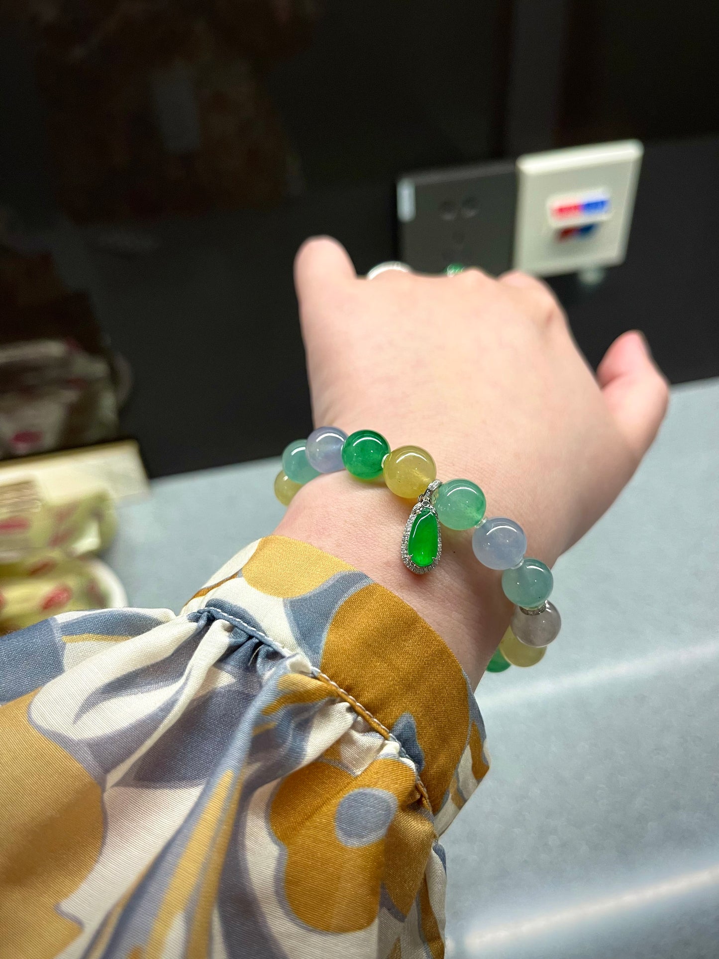 Natural Grade-A Jadeite Multicolor Beaded Bracelet with Green Jadeite Drop Pendant – Burmese Jade, 18K Gold Setting