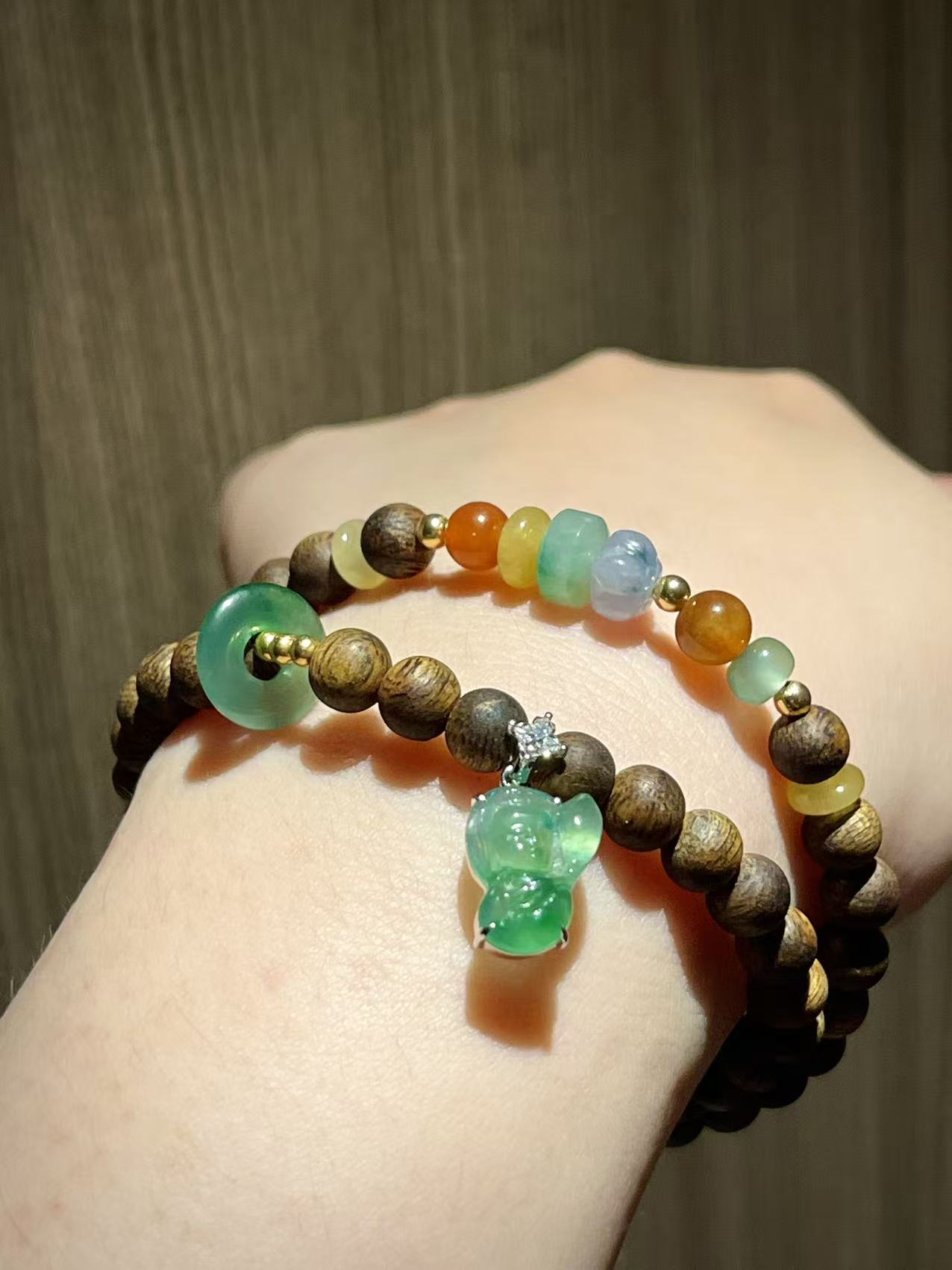 Natural Agarwood and Jadeite Beaded Bracelet – Burmese Jade Multicolor Beads with Green Buddha Pendant
