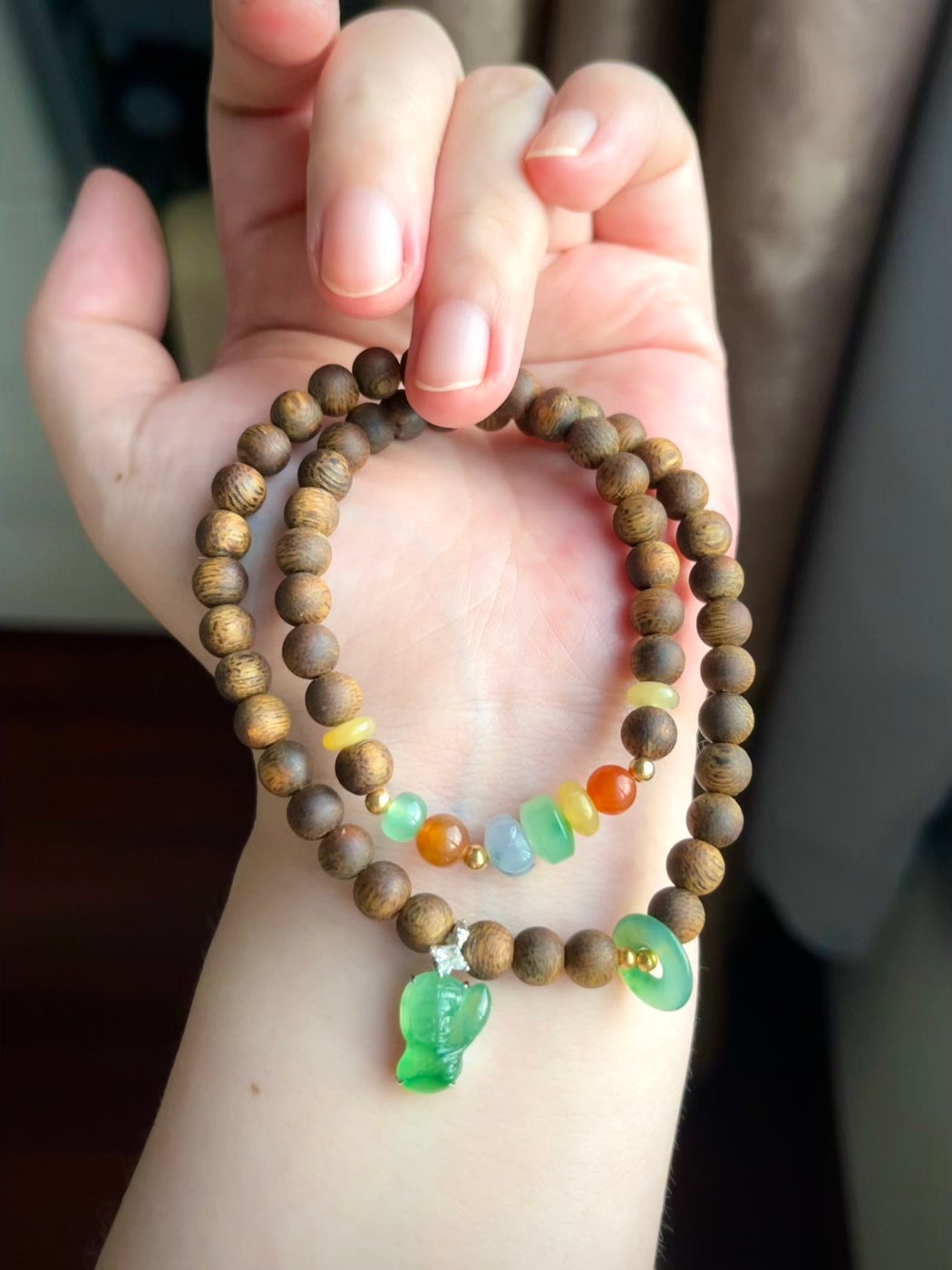 Natural Agarwood and Jadeite Beaded Bracelet – Burmese Jade Multicolor Beads with Green Buddha Pendant