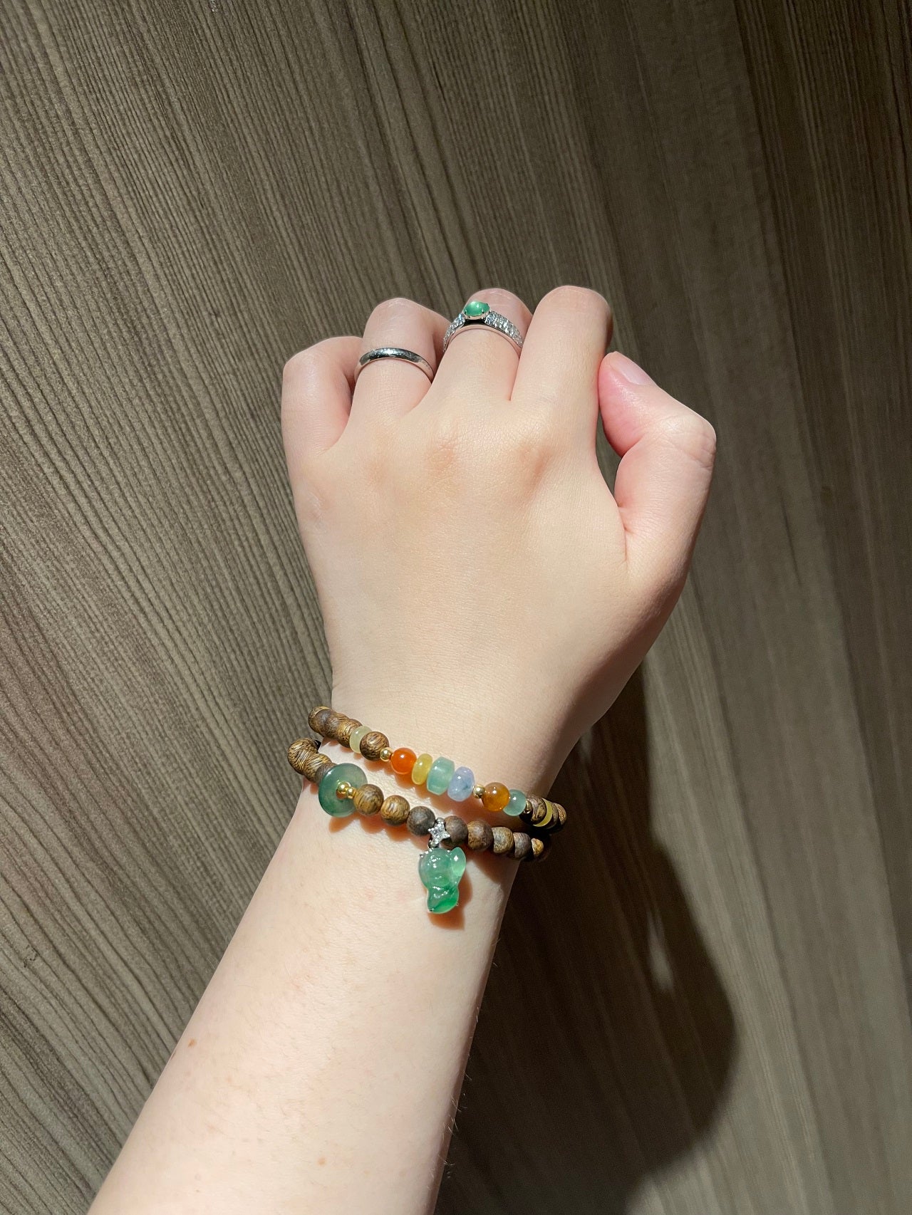 Natural Agarwood and Jadeite Beaded Bracelet – Burmese Jade Multicolor Beads with Green Buddha Pendant