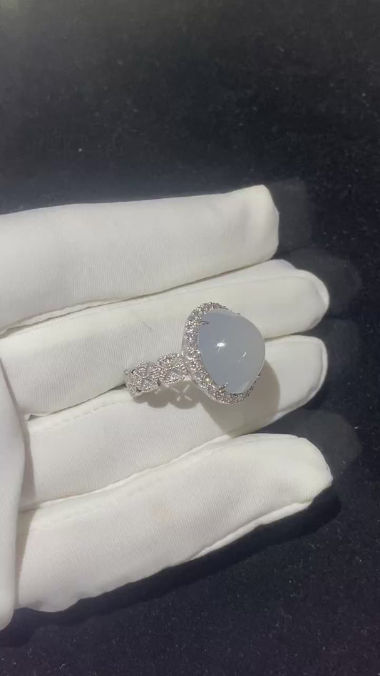 Natural Grade-A Jadeite “Pigeon-Egg” Cabochon Ring – Glutinous-Icy Burmese Jade, Platinum Pt950 Setting