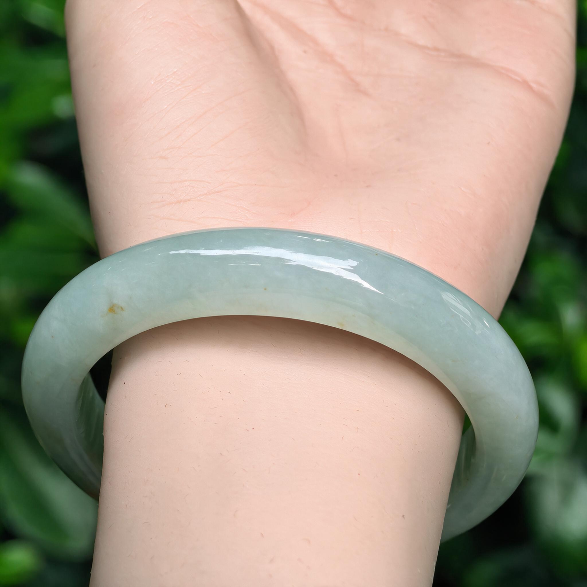 Glutinous Pale Apple Green D-Shape Jadeite Bangle with Golden-Brown Flecks -57mm